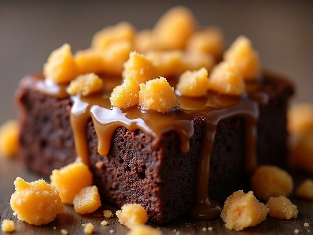 Close-up of Butterfinger crumbs and chunks on caramel brownies