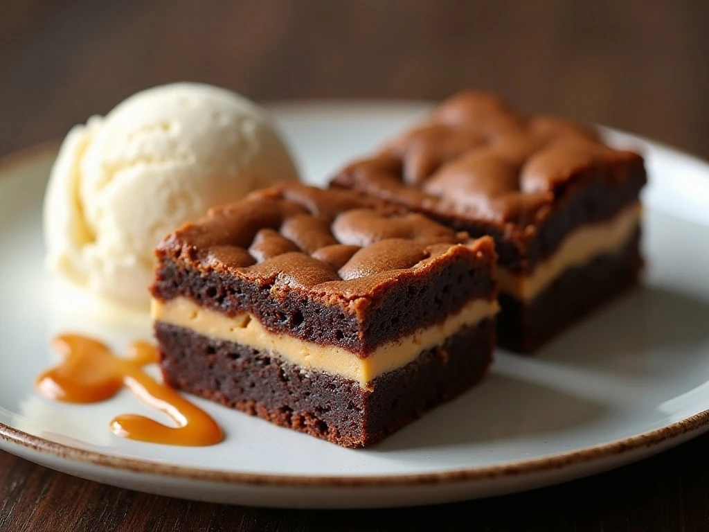 Chilled Butterfinger brownies served with vanilla ice cream