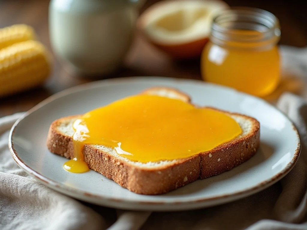 Golden corn cob jelly spread on buttered toast beside an open jar