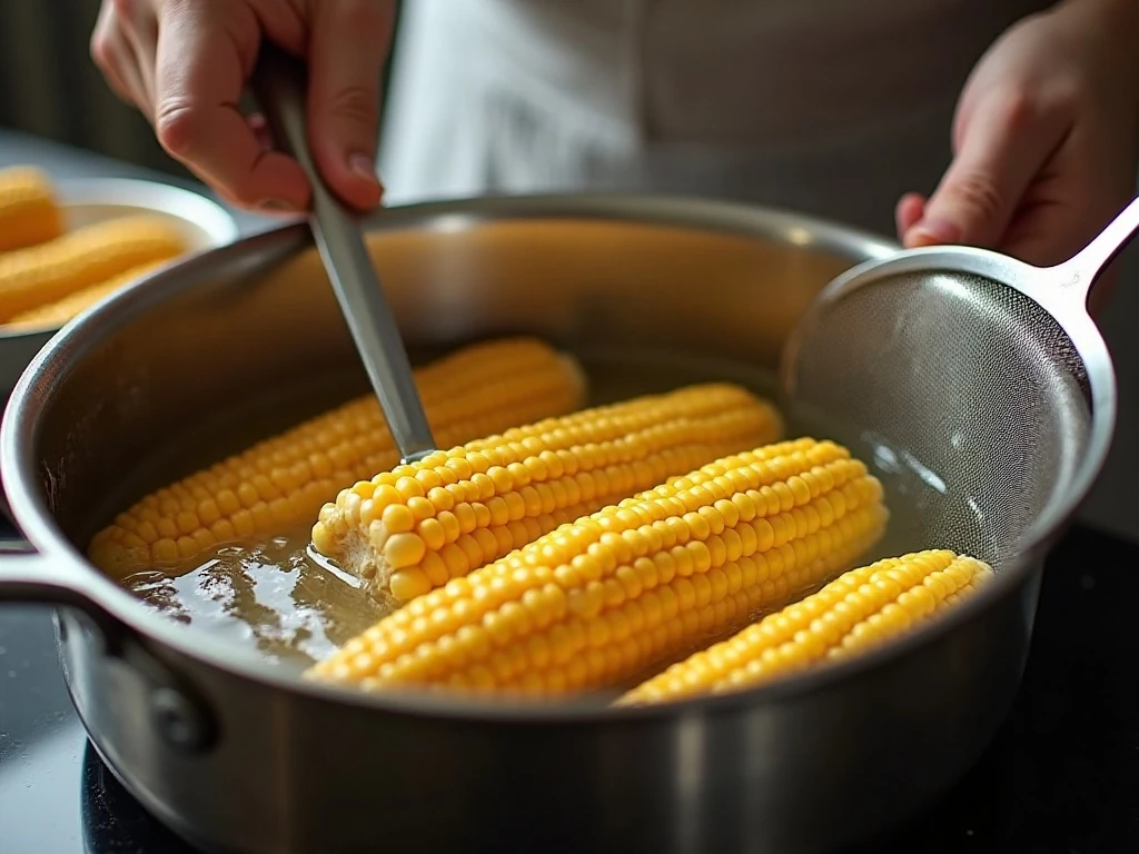 Corn cobs simmering in water before the jelly liquid is strained