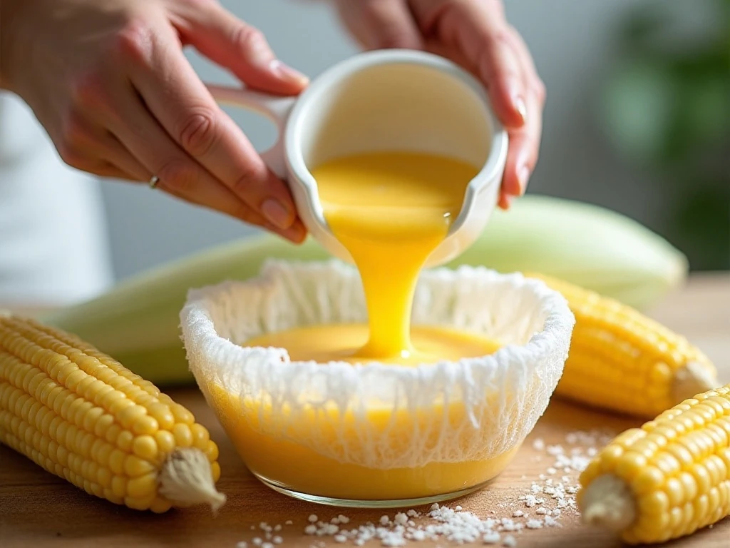 Straining corn liquid through cheesecloth for clear jelly