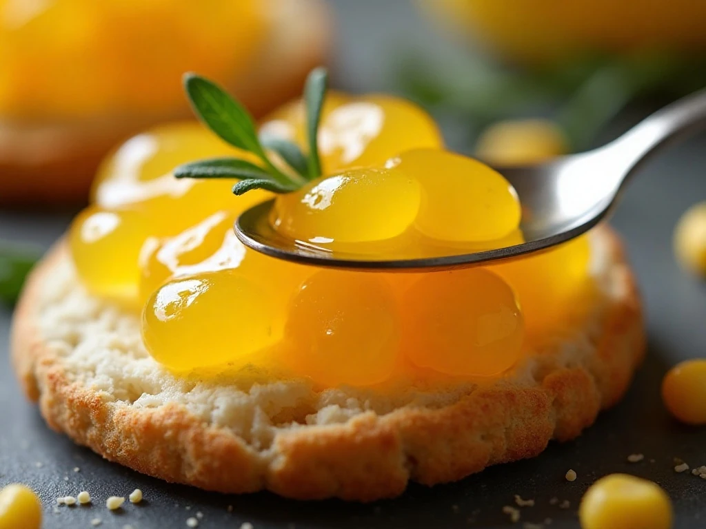 Corn cob jelly served on a warm biscuit with a glossy golden texture