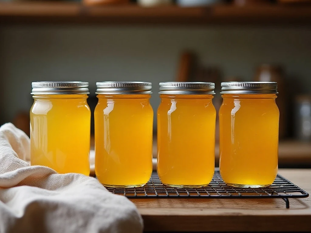 Sealed half-pint jars of homemade corn cob jelly ready for storage