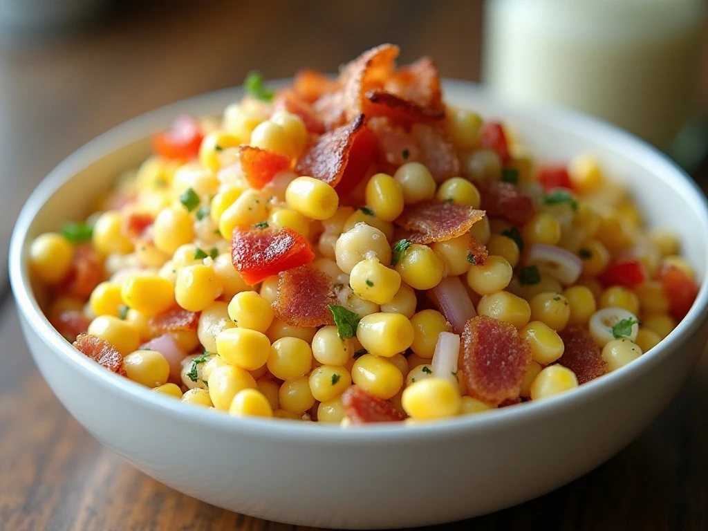 Creamy corn salad with bacon served in a bowl