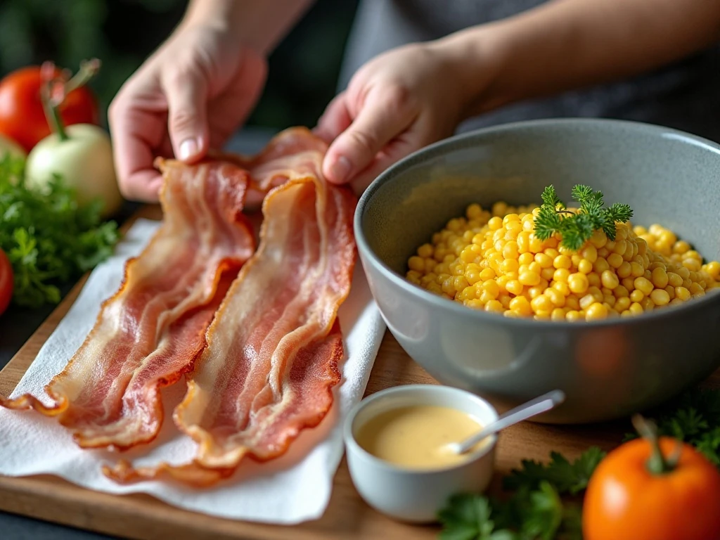 Preparing corn salad with bacon and creamy dressing