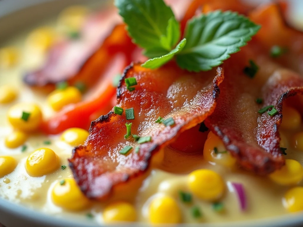 Close-up of crisp bacon and vegetables in corn salad