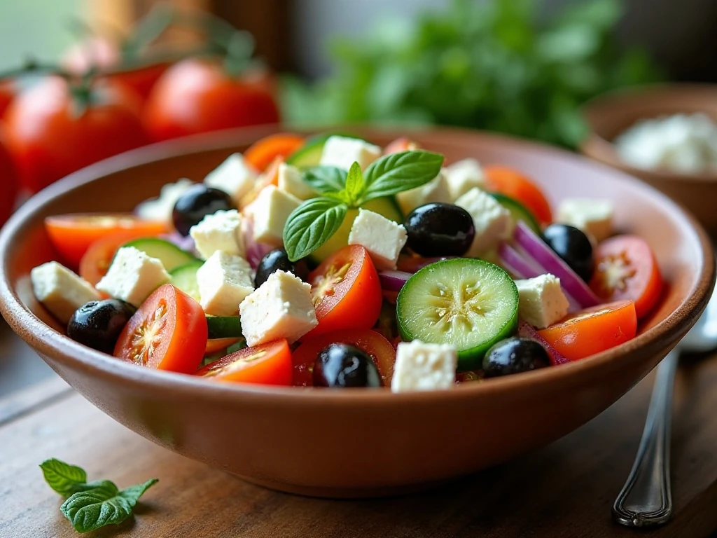 Colorful cucumber tomato and feta salad in a serving bowl