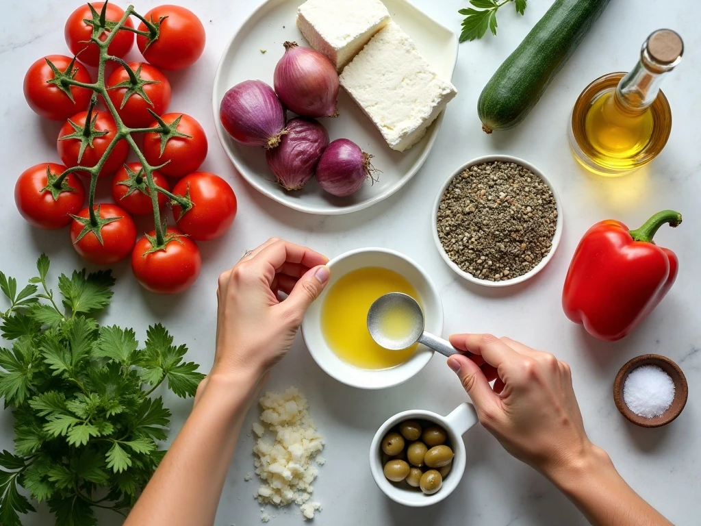 Ingredients for cucumber tomato and feta salad