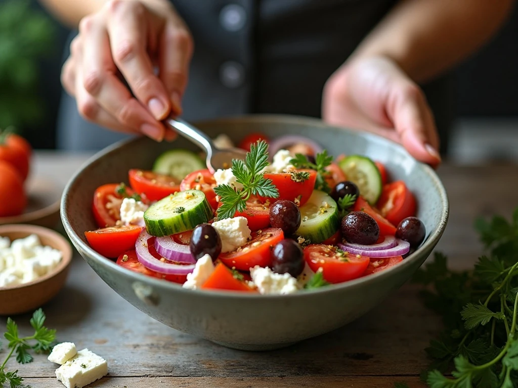 Tossing vegetables with dressing for Greek-style salad