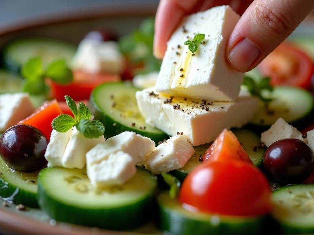Block feta crumbled over cucumber tomato salad