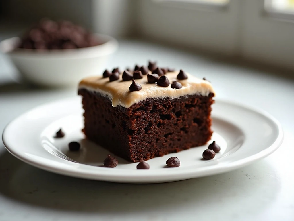 Moist dark chocolate zucchini cake square with chocolate chips and frosting