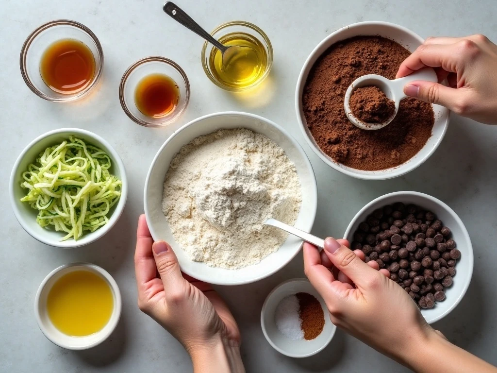 Ingredients for dark chocolate zucchini cake arranged for baking