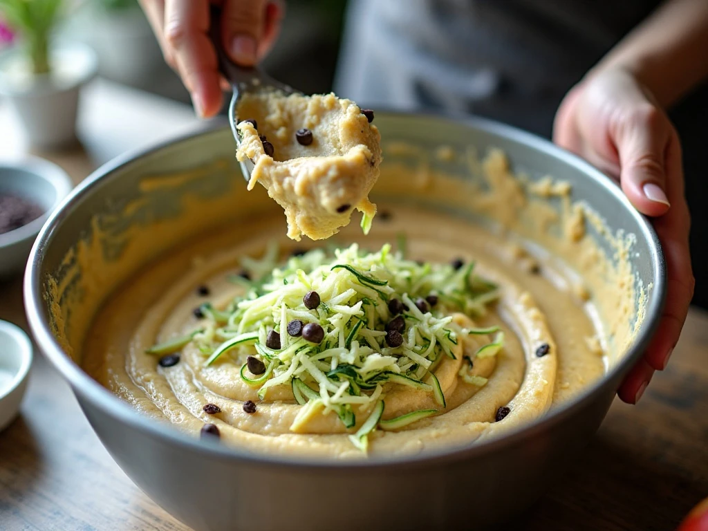 Folding shredded zucchini and chocolate chips into chocolate cake batter