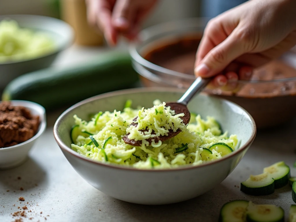 Finely shredded zucchini prepared for a moist chocolate cake