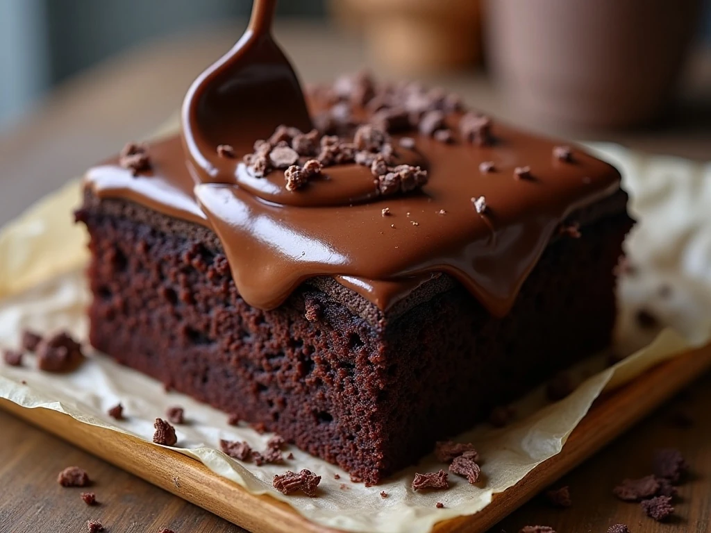 Chocolate frosting and shavings on dark chocolate zucchini cake