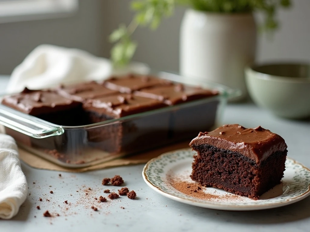 Stored and sliced dark chocolate zucchini cake ready to serve