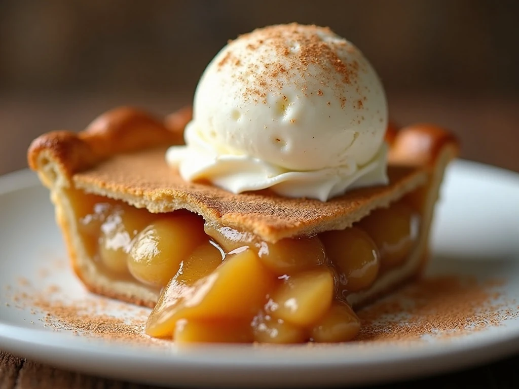 Apple pie slice served with vanilla ice cream