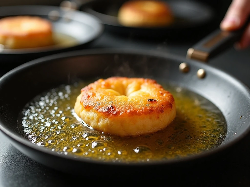 Fry bread puffing in hot oil at the correct temperature