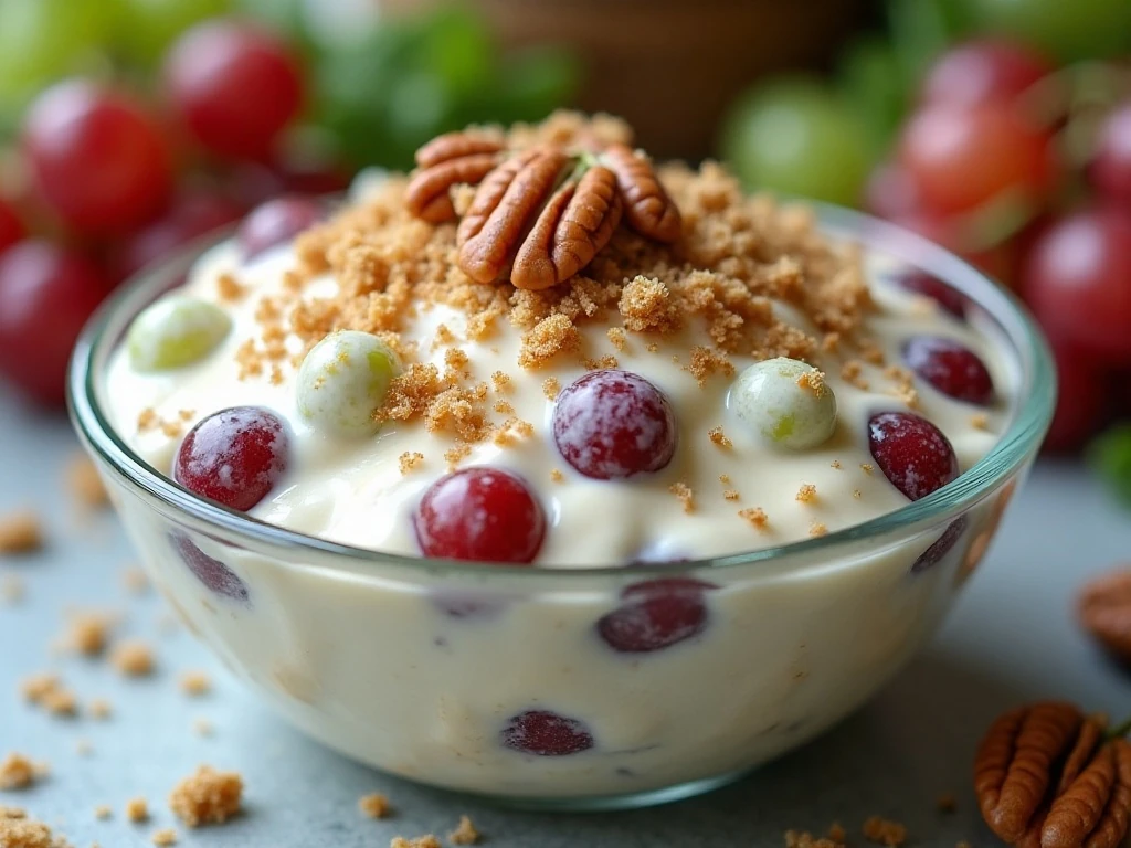 Creamy grape salad with red and green grapes in a glass bowl