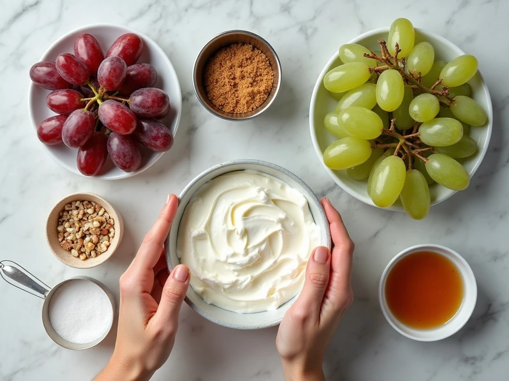 Ingredients for creamy grape salad with pecans