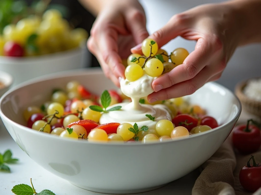 Grapes being folded into creamy salad dressing
