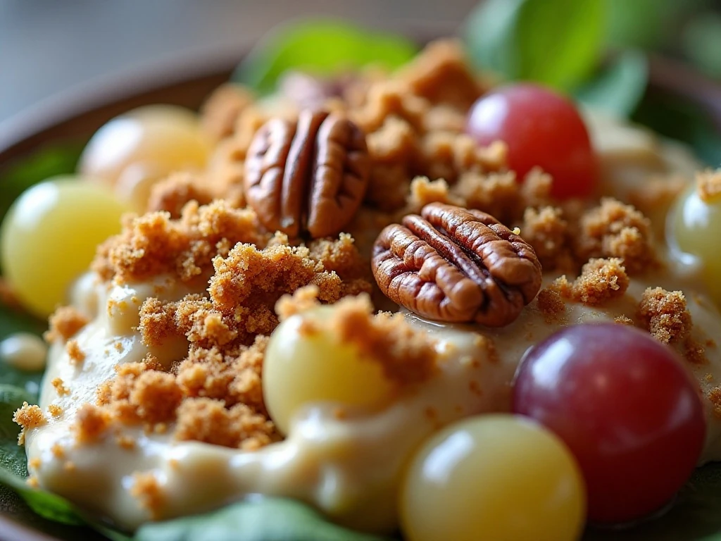 Brown sugar and pecan topping on creamy grape salad