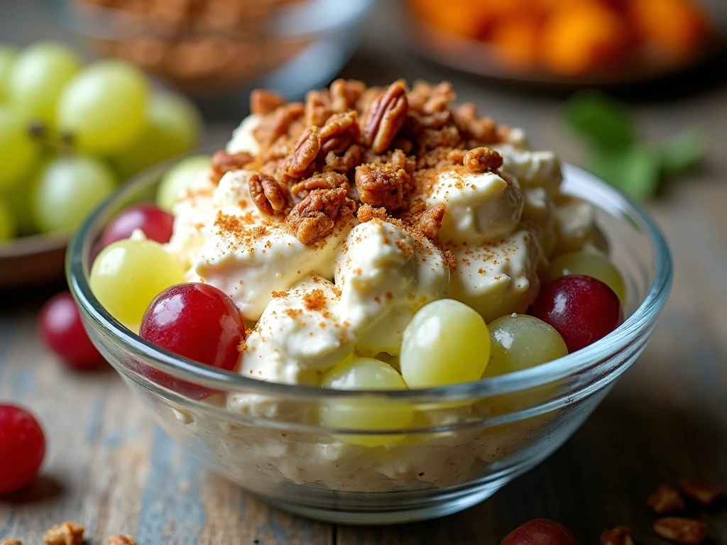 Chilled creamy grape salad served at a buffet