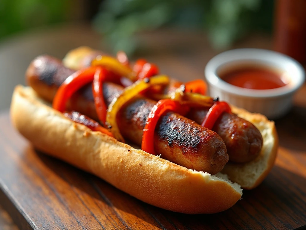 Grilled smoked sausage sandwiches with peppers and onions