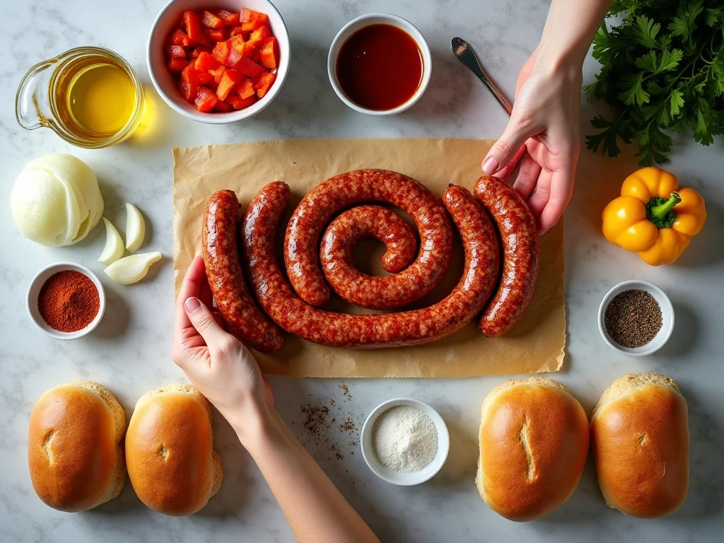 Ingredients for grilled smoked sausage with peppers and onions