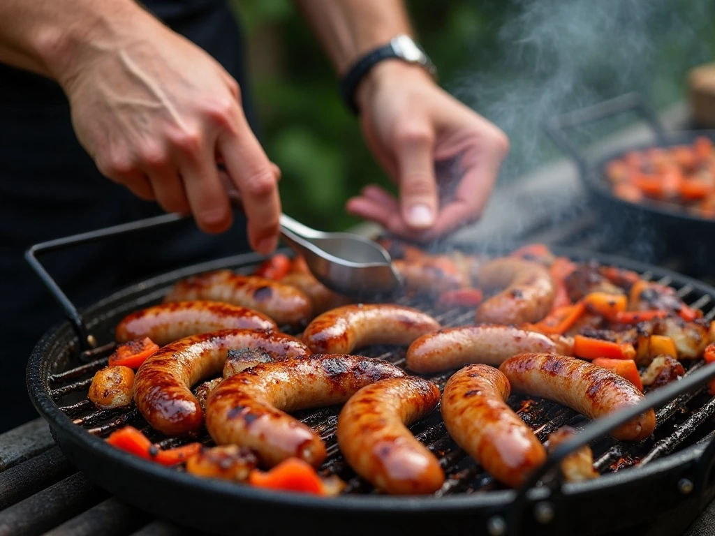 Sausage and vegetables grilling over medium heat