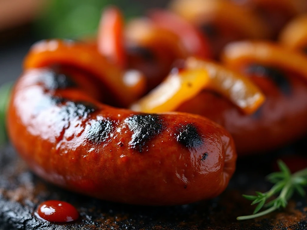 Close-up of browned grilled sausage with charred vegetables