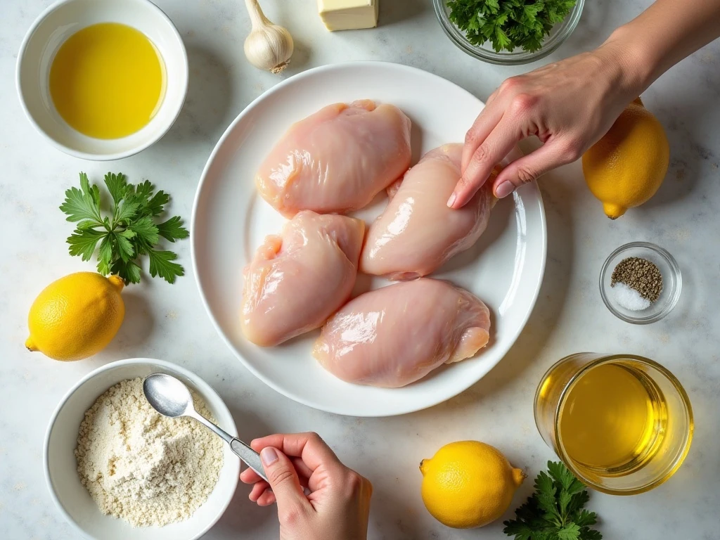 Ingredients for easy lemon chicken arranged on a kitchen counter
