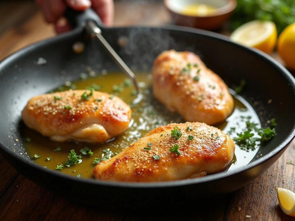 Chicken breasts cooking in a skillet for lemon chicken
