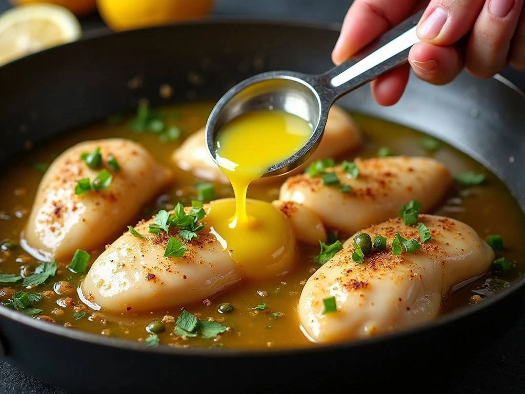 Fresh lemon pan sauce cooking in a skillet