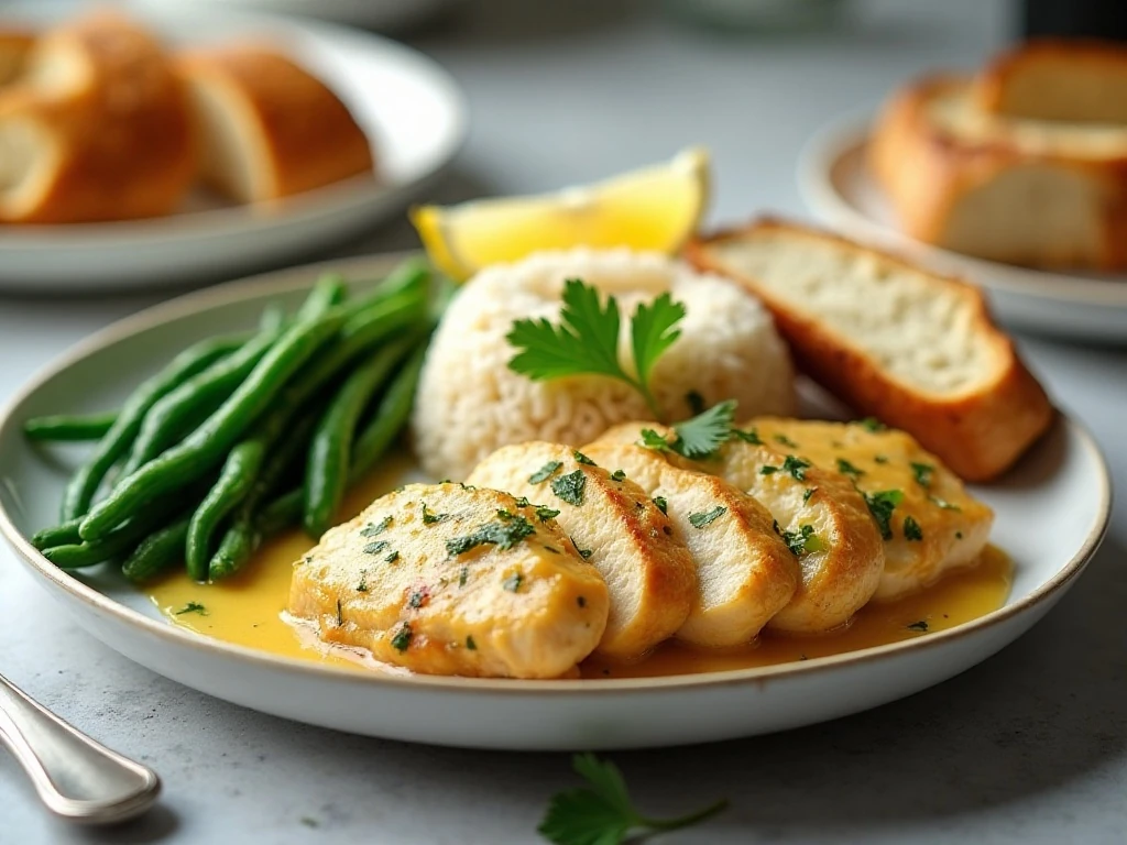 Lemon chicken served with rice and green beans
