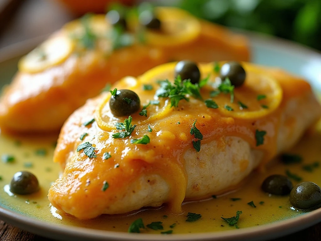 Close-up of lemon chicken with parsley, lemon zest, and capers