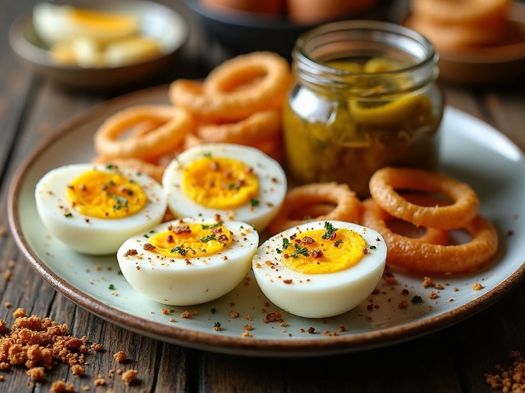 Halved homemade pickled eggs served with onion rings for an easy snack