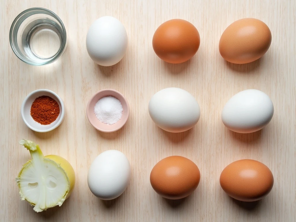 Ingredients for Mom’s pickled eggs including eggs, vinegar, onion, and pickling spice