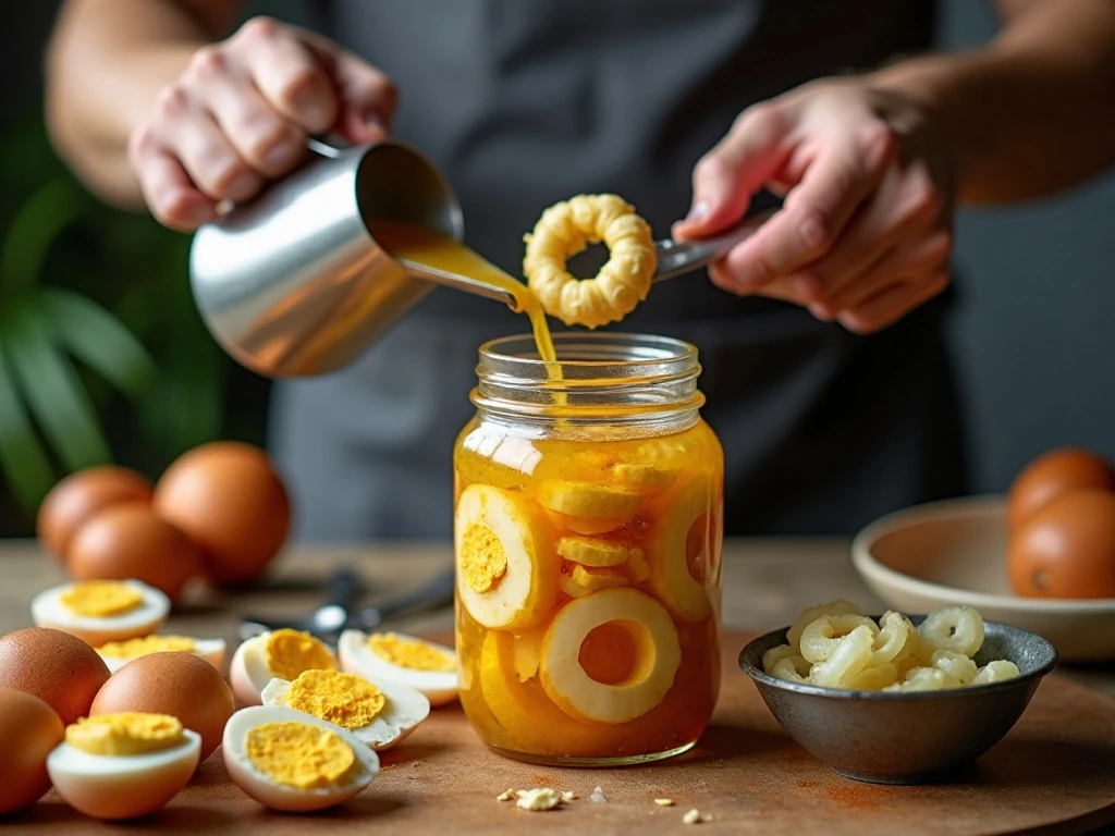 Assembling peeled eggs and onion rings in a jar for pickling