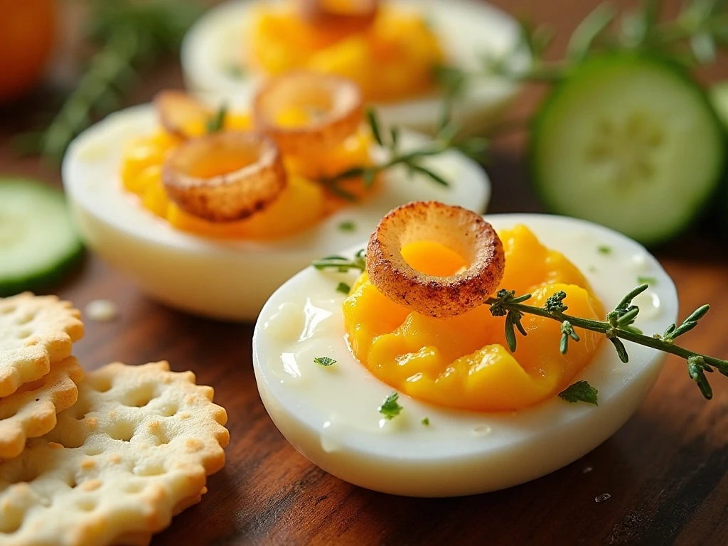 Pickled eggs arranged on a snack board with cheese, crackers, and vegetables
