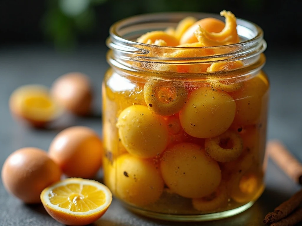 Glass jar of refrigerated pickled eggs with onion rings and spiced vinegar