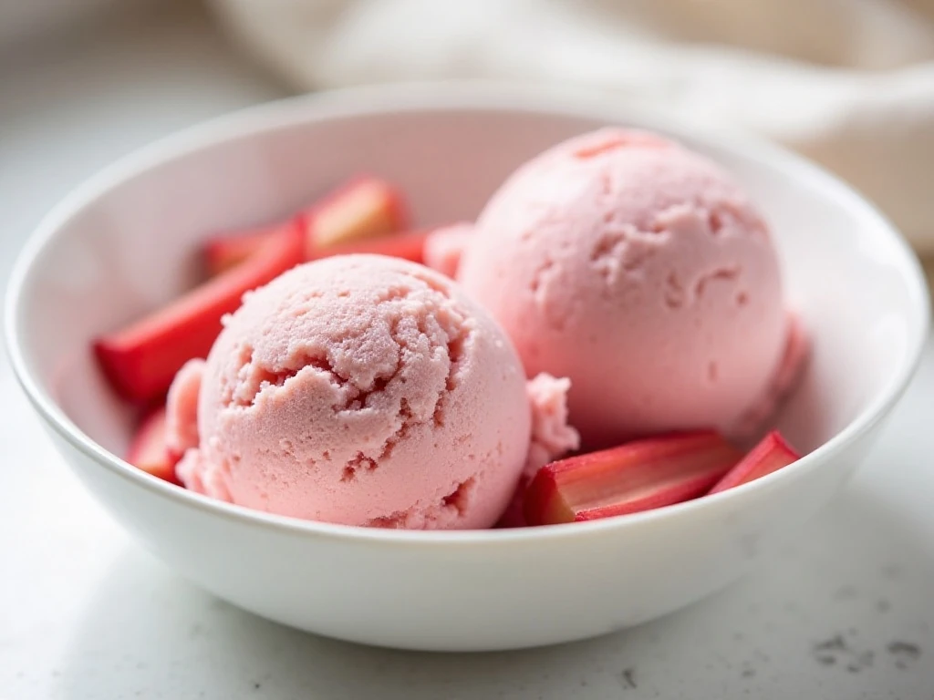 Two scoops of creamy no-churn rhubarb ice cream with pink fruit ribbons