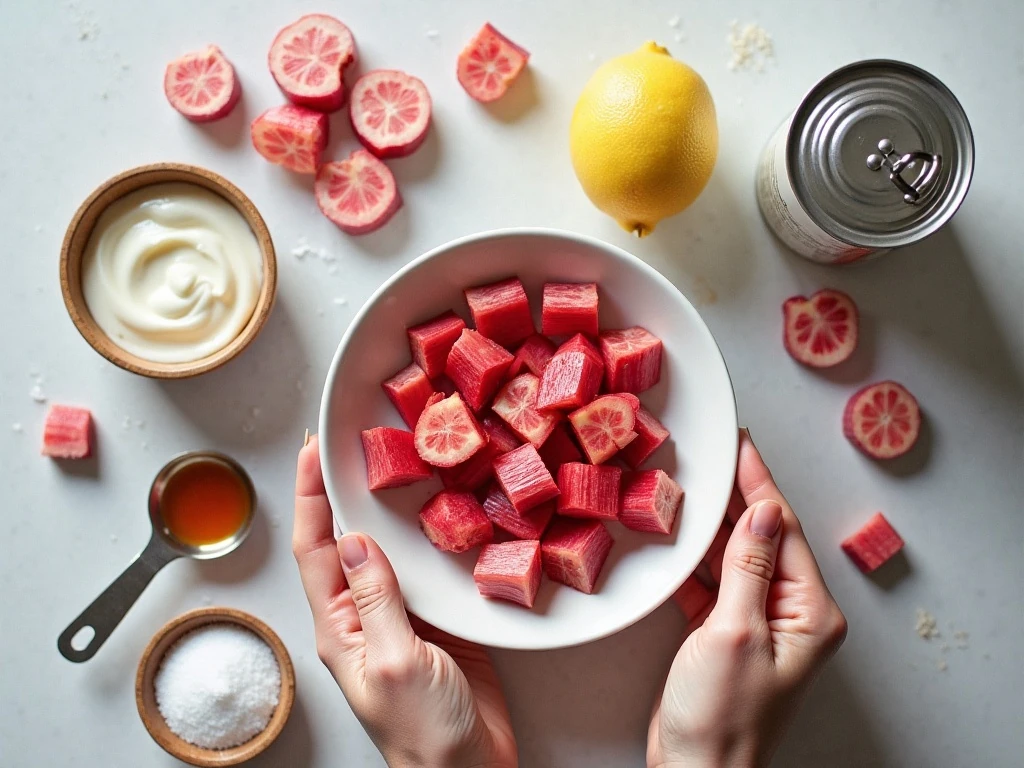 Ingredients for homemade no-churn rhubarb ice cream arranged on a counter