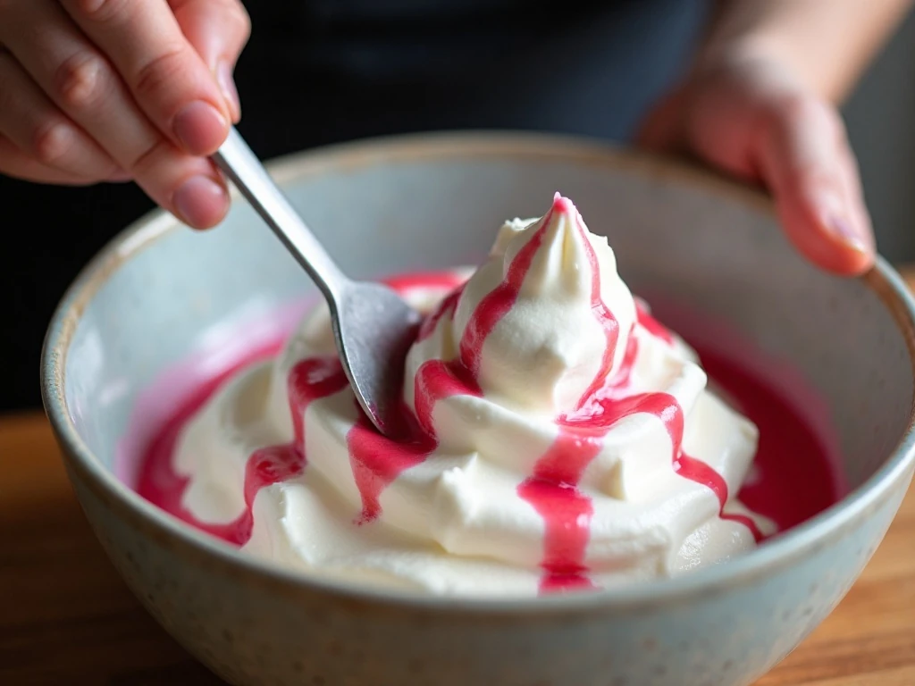 Folding cooled rhubarb compote through the whipped cream ice cream base