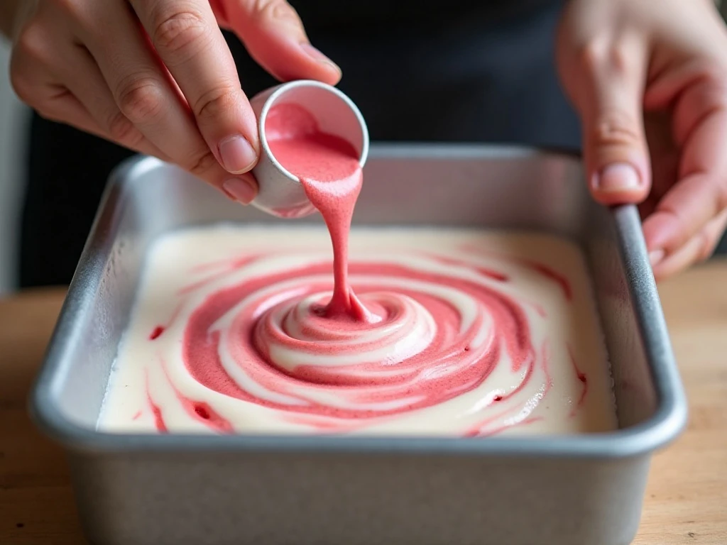 Rhubarb purée being swirled into a creamy no-churn ice cream mixture
