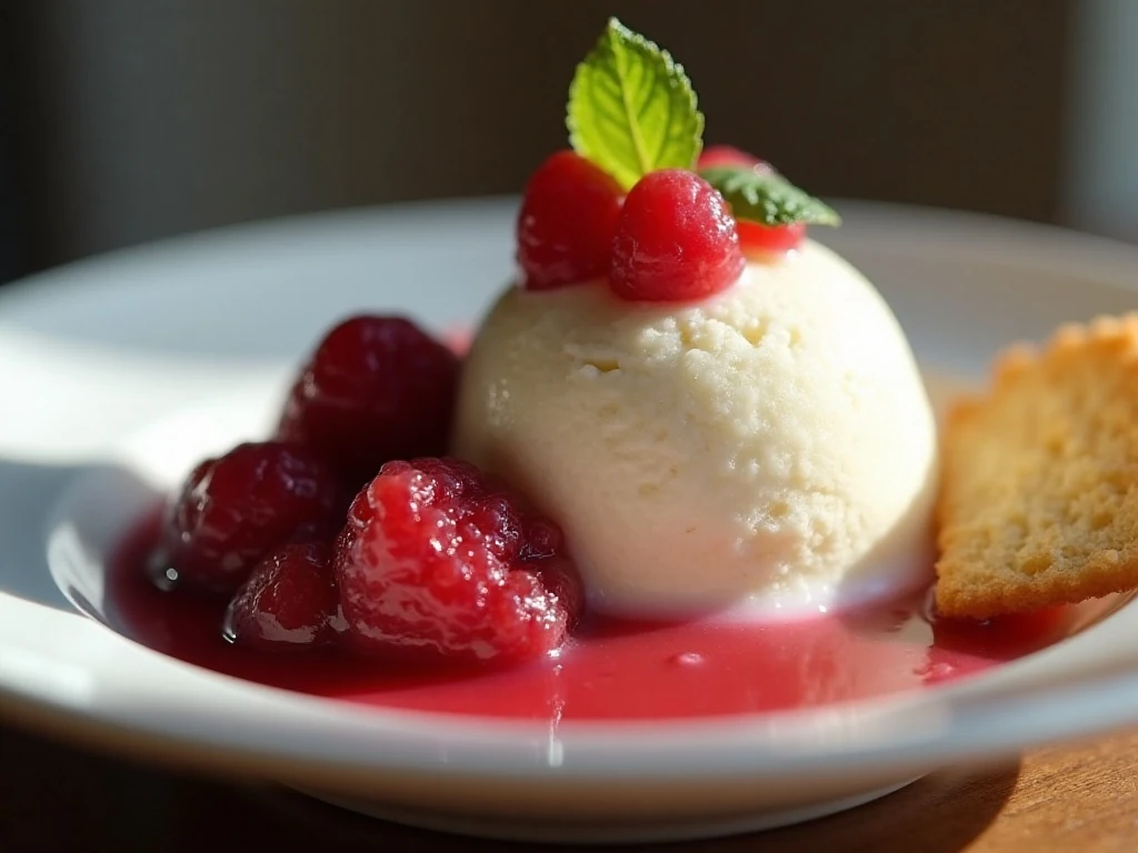 Rhubarb ice cream garnished with compote, berries, mint and a biscuit