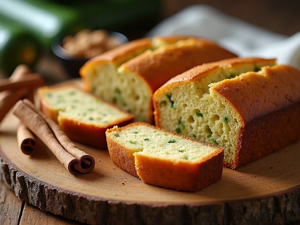 Two homemade zucchini bread loaves with slices showing the tender crumb