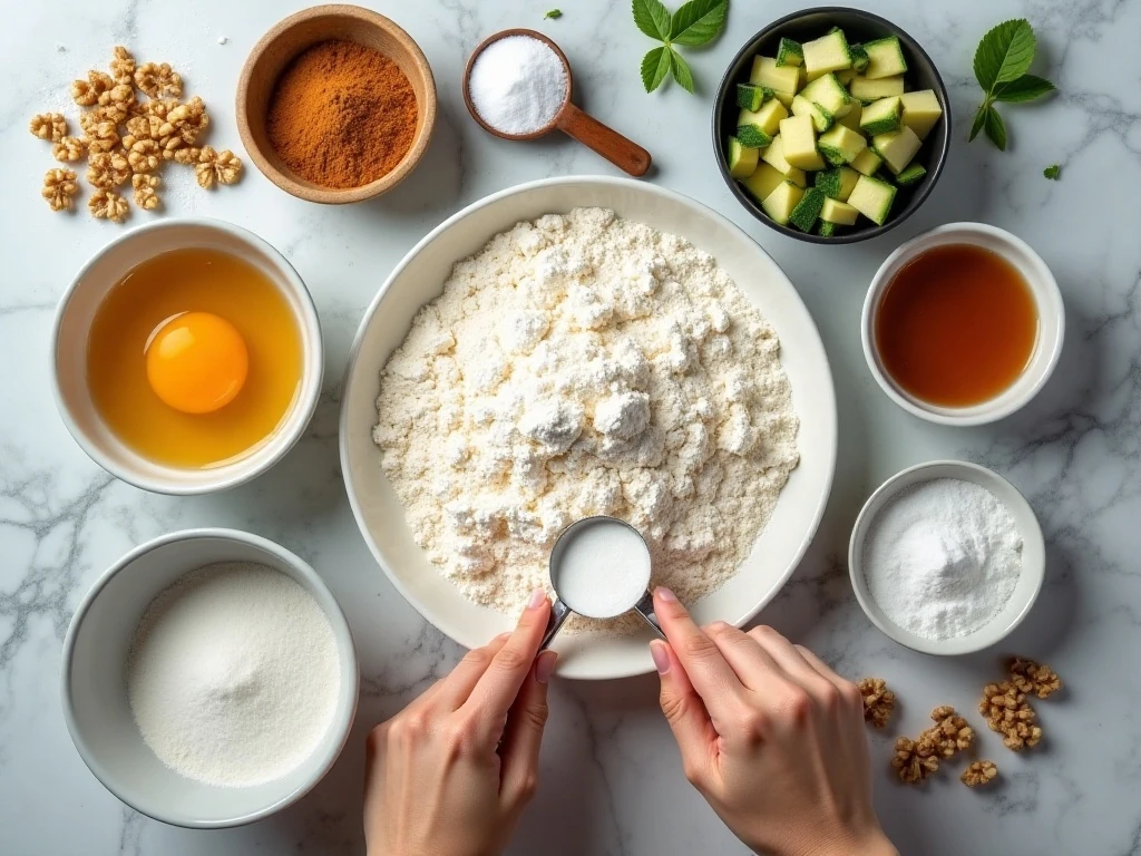 Ingredients for one-bowl zucchini bread arranged on a counter