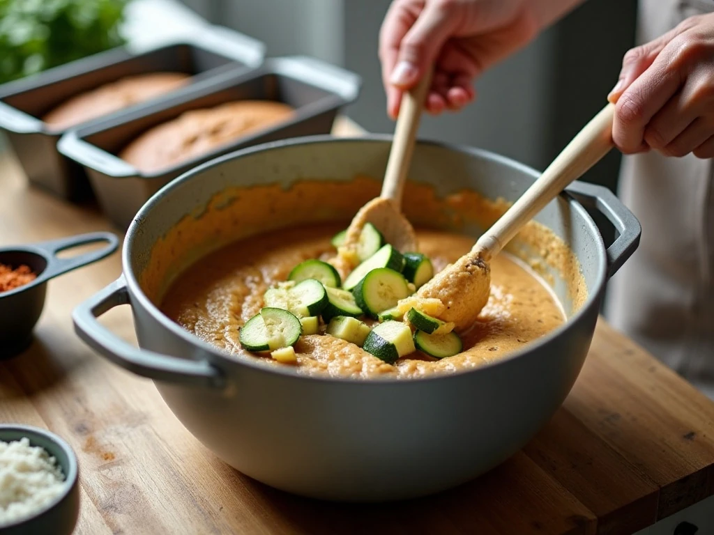 Grated zucchini being folded into one-bowl bread batter