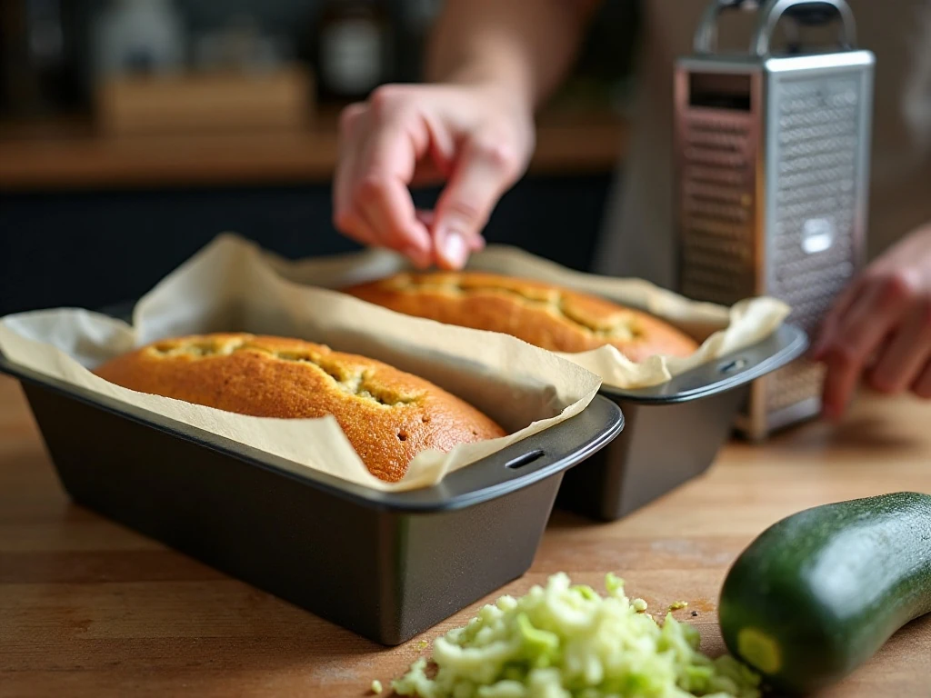 Prepared loaf pans and grated zucchini for tender zucchini bread